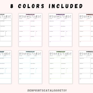 May include: Eight printable pharmacology study guides in different colors: purple, pink, light blue, green, teal, light green, beige, and white. Each guide has sections for drug classification, mechanism of action, side effects, contraindications, therapeutic uses, nursing considerations, and drug interactions.