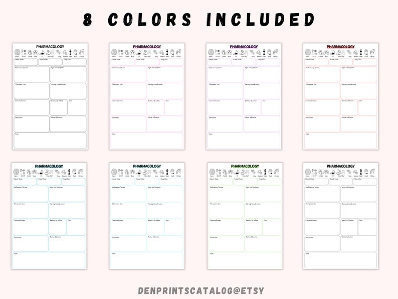 May include: Eight printable pharmacology study guides in different colors: purple, pink, light blue, green, teal, light green, beige, and white. Each guide has sections for drug classification, mechanism of action, side effects, contraindications, therapeutic uses, nursing considerations, and drug interactions.