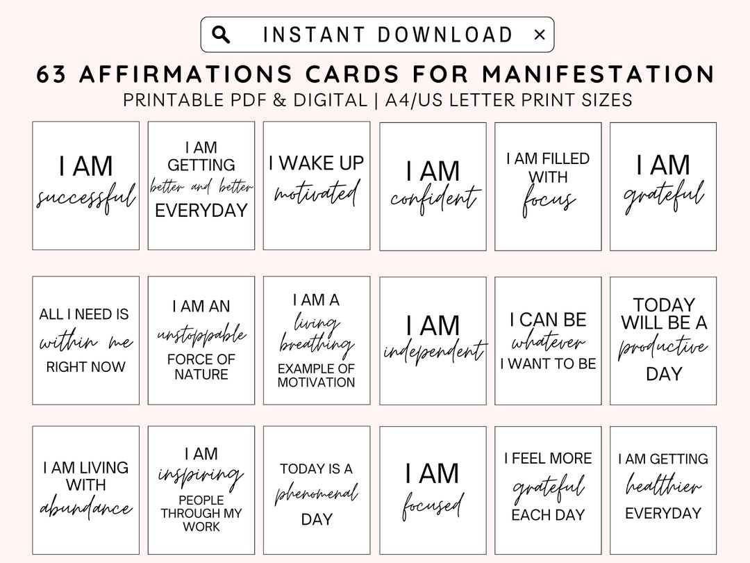 63 Positive Affirmation Card Deck, Vision Board Printables, Cards for ...