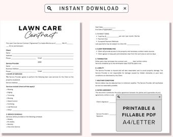 Contrat d'entretien de pelouse à remplir, Modèle de contrat de contrat de service, Contrat d'aménagement paysager, Modèle modifiable, Contrat d'entretien de jardin, Offre d'entretien de pelouse