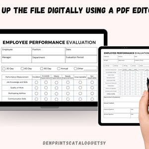 Puede incluir: Un formulario de evaluaci&oacute;n del desempe&ntilde;o de los empleados imprimible en blanco y negro con secciones para la informaci&oacute;n del empleado, la evaluaci&oacute;n del desempe&ntilde;o y las oportunidades de desarrollo. El formulario incluye una escala de calificaci&oacute;n con opciones para "Excelente", "Supera las expectativas", "Cumple con las expectativas", "Necesita mejora", "Inaceptable" y "No aplica".
