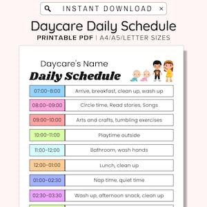 Horaire quotidien de la garderie, parfait pour une garderie, une garderie à domicile ou une garderie. Formulaire PDF modifiable, horaire personnalisable de la garderie à domicile, A4/A5