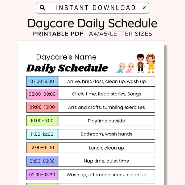 Daily Daycare Schedule, Perfect for Daycare, Home Daycare or childcare center. Editable PDF Form, Customizable Home daycare schedule, A4/A5