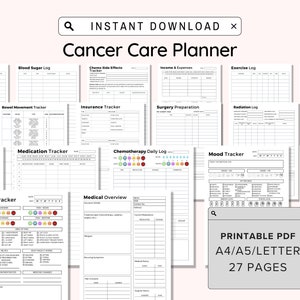 Kankerplanner afdrukbaar, kankerzorgdagboek, kankerdiagnose Health Tracker, medisch logboek chemotherapie en straling, organisator kankerbehandeling