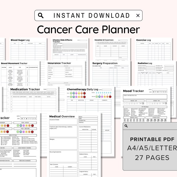 Cancer Planner Printable, Cancer Care Journal, Cancer Diagnosis Health Tracker, Chemo & Radiation Medical Log, Cancer Treatment Organizer