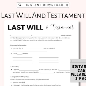 Fillable PDF Simple Living Will and Testament Form Editable Instant Download Medical Power of Attorney Printable Template