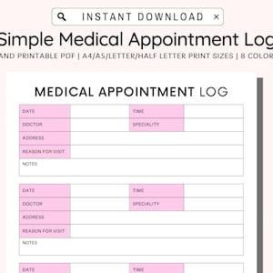 Medical Appointment Log Printable, Doctor&#39;s Visit,  Appointment Log Template, Medical Planner Binder, Reminder, A4/A5/Letter/Half Letter PDF