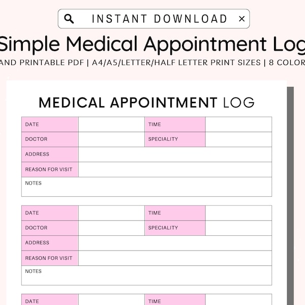 Medical Appointment Log Printable, Doctor's Visit,  Appointment Log Template, Medical Planner Binder, Reminder, A4/A5/Letter/Half Letter PDF