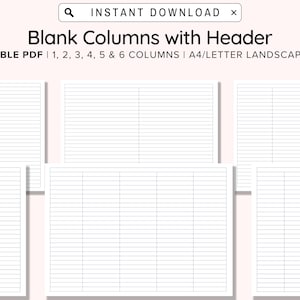 Afdrukbare blanco kolommendiagrammen met koptekst één, twee, drie, vier, vijf en zes kolommen Tabelwerkbladen pdf, A4/Letter, liggend, download