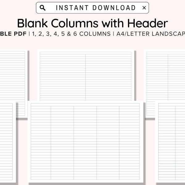 Printable Blank Columns Charts With Header One, Two, Three, Four, Five and Six Columns Table Worksheets PDF, A4/Letter Landscape, Download