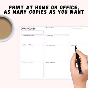 May include: A printable drug study sheet with sections for drug class, generic name, brand name, dosage and indications, side effects, contraindications, interactions, nursing considerations, and patient education.