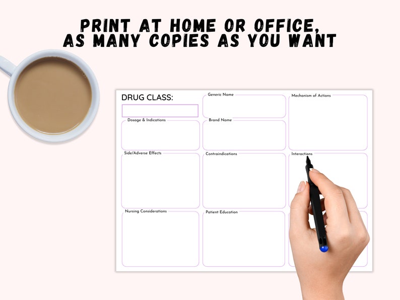 May include: A printable drug study sheet with sections for drug class, generic name, brand name, dosage and indications, side effects, contraindications, interactions, nursing considerations, and patient education.