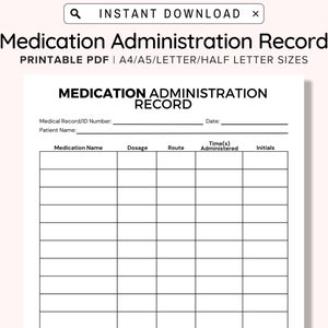 Printable Medication Administration Record, Ready To Print Medication Log Chart, Post-Surgery Medication Chart, Paramedics and Nurses image 1