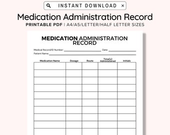 Printable Medication Administration Record, Ready To Print Medication Log Chart, Post-Surgery Medication Chart, Paramedics and Nurses