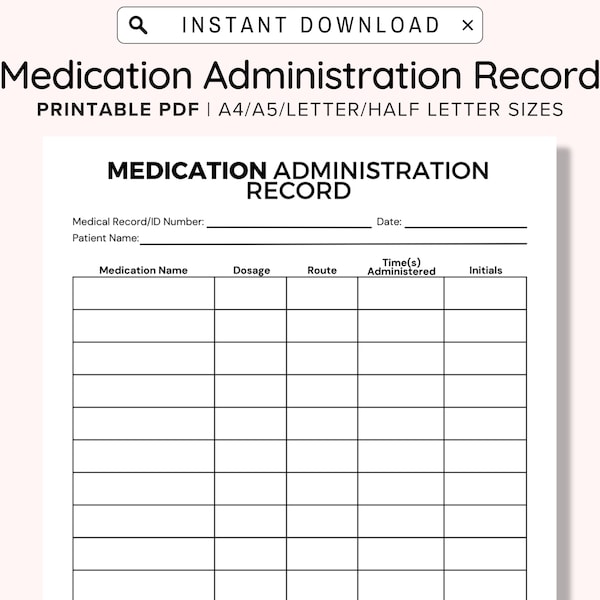 Printable Medication Administration Record, Ready To Print Medication Log Chart, Post-Surgery Medication Chart, Paramedics and Nurses