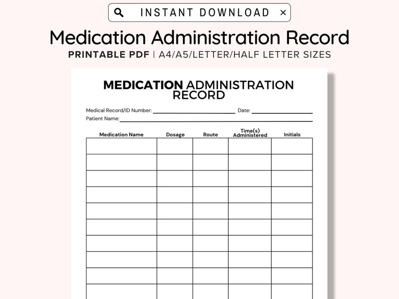 Printable Medication Administration Record, Ready To Print Medication Log Chart, Post-Surgery Medication Chart, Paramedics and Nurses image 1