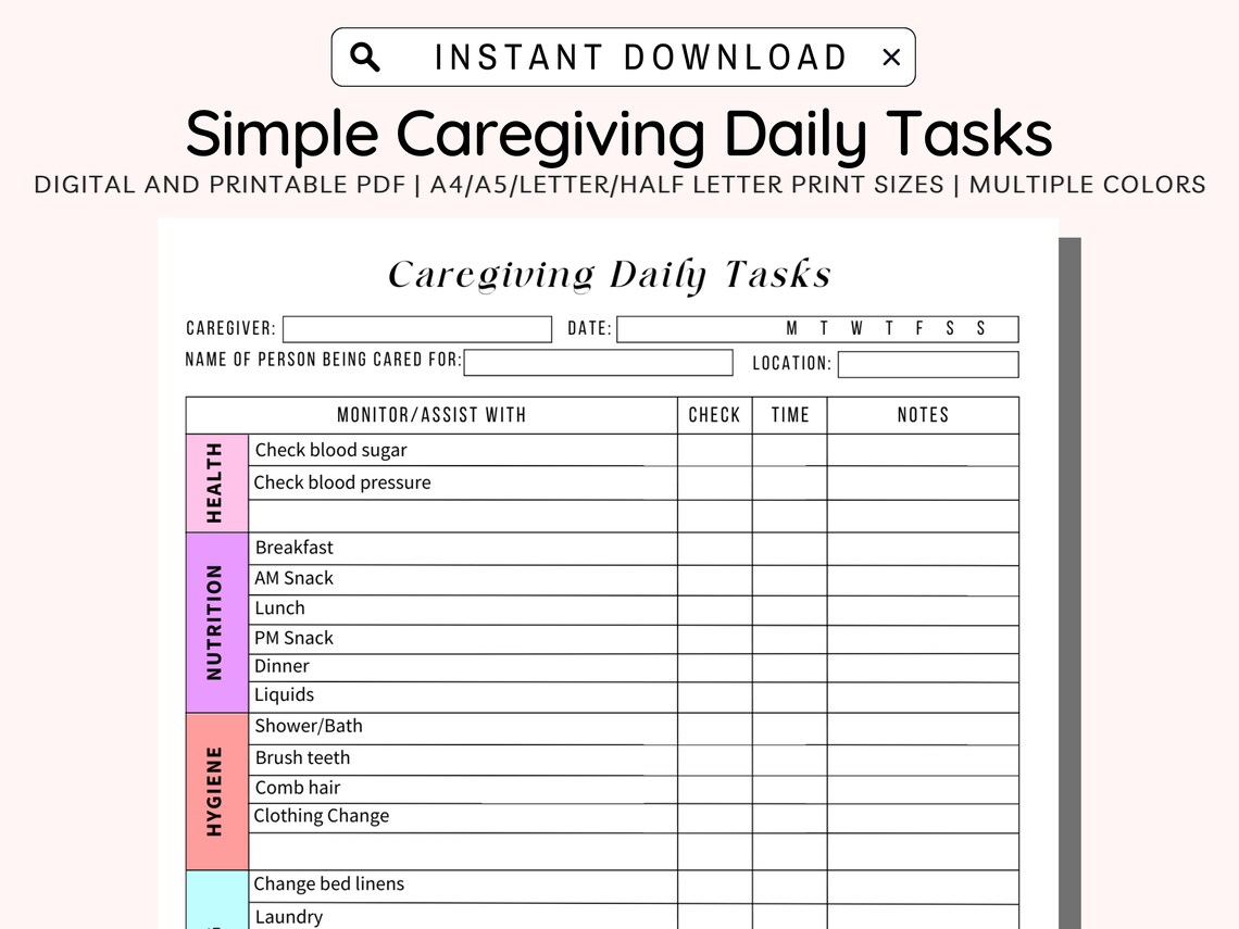 Caregiving Daily Tasks Log Printable, Elderly Care Caregiving Checklist Caregiving Daily Tasks Log Printable, Elderly Care Caregiving Checklist