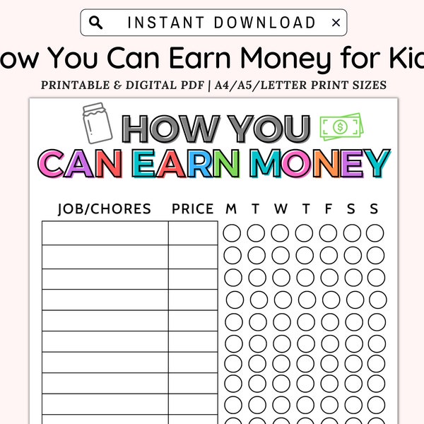 How To Earn Money Chore Chart, Allowance Chore Chart for Kids, Allowance Tracker Printable, Responsibility chart for kids A4/A5/Letter PDF