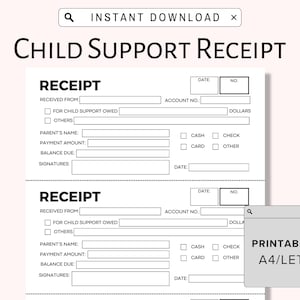 Recibo de manutención infantil imprimible para libro de recibos de bricolaje Descarga digital Imprimir y escribir Comprobante de pago para padres en formato PDF Descarga instantánea A4 Carta de EE. UU.