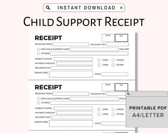 Ricevuta di mantenimento per figli stampabile per il libro delle ricevute fai da te Download digitale Stampa e scrivi PDF Voucher di pagamento per genitori Download istantaneo A4 Lettera USA