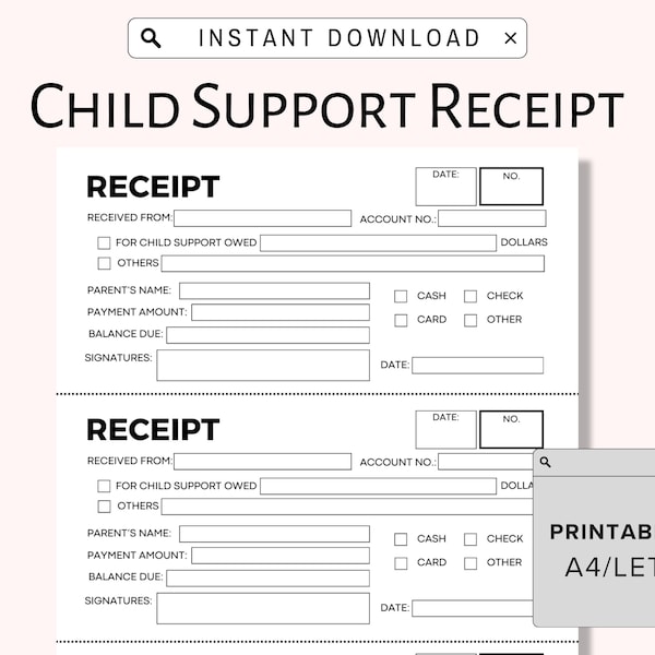 Child Support Receipt Printable for DIY Receipt Book Digital Download Print & Write PDF Parent Payment Voucher Instant Download A4 US Letter