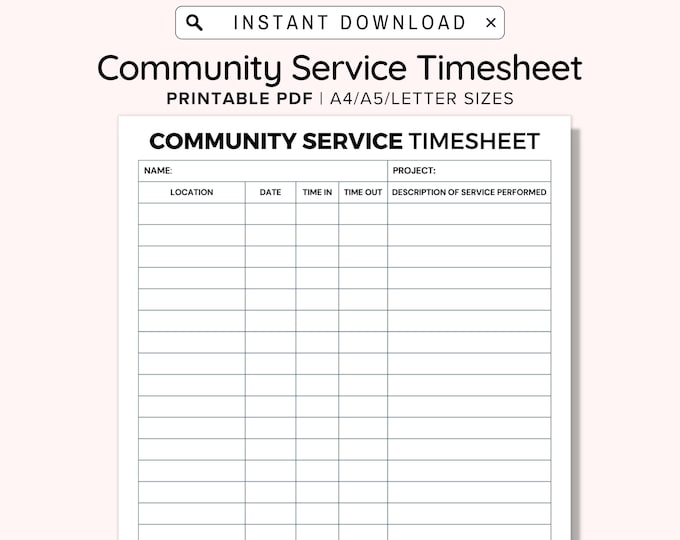 Community Service Hours Log Sheet Printable, Volunteer Activity Log ...