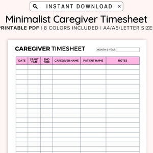 Printable Caregiver Timesheet Home Health Care Time Sheet - Etsy