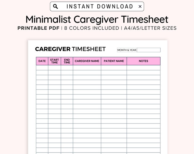 Printable Caregiver Timesheet, Home Health Care Time Sheet, Caregiver