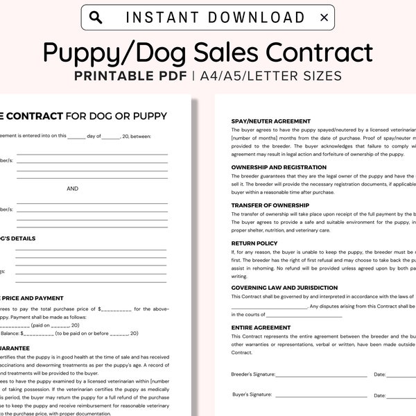 Puppy-verkoopcontract Pritable, Puppy-aanbetalingscontract, Puppy-verkoopcontract bewerkbaar, Puppy-contractsjabloon, Canva, PDF