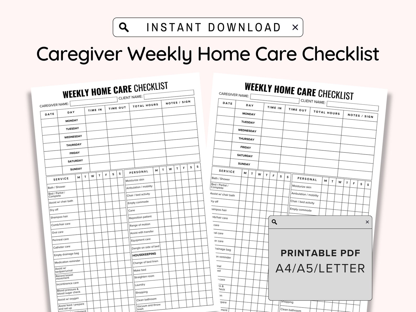 Weekly Home Care Checklist Printable, Monday Start, Caregiving Elderly