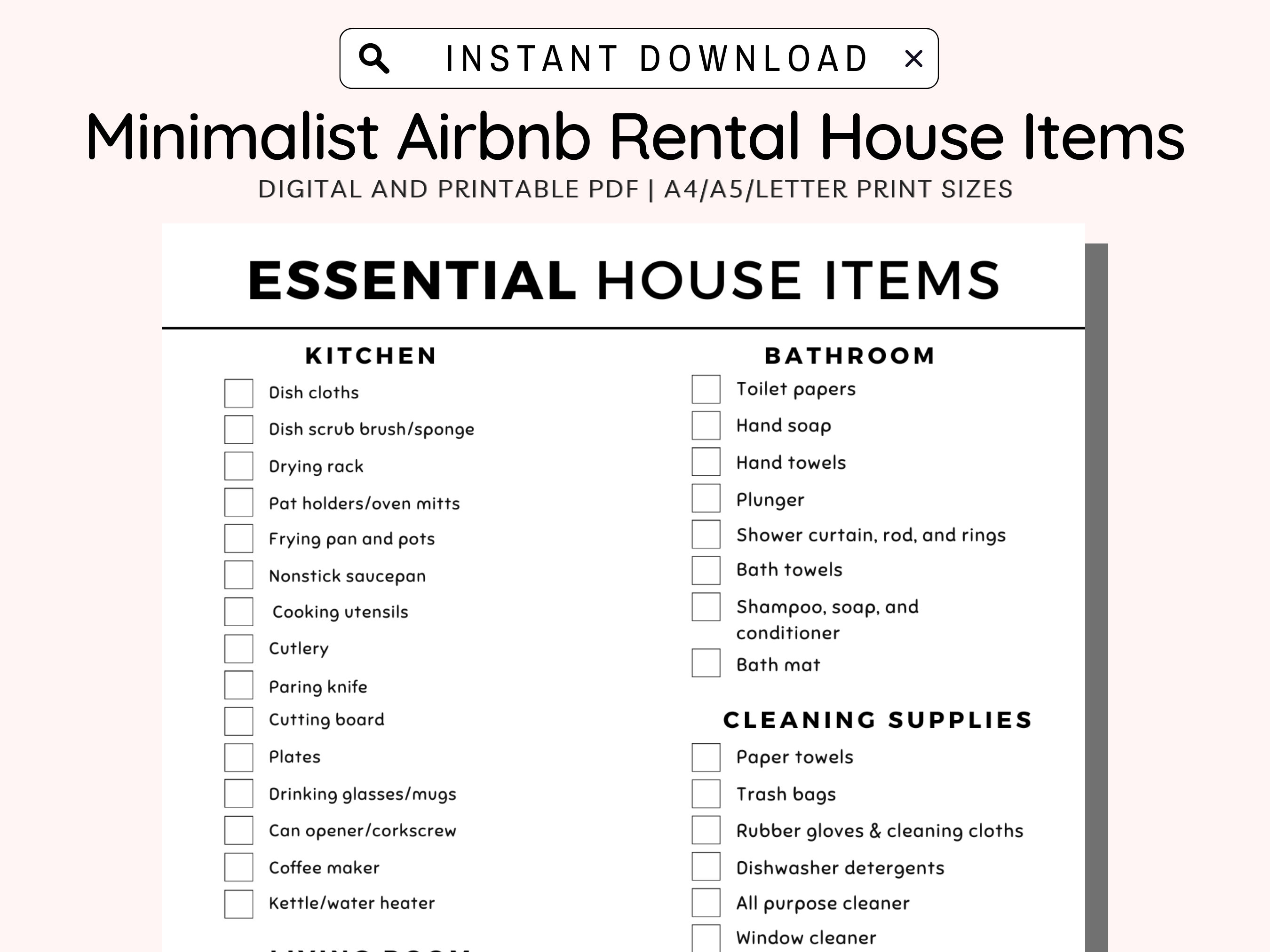Essential House Items Printable, Airbnb Rental Inventory Checklist