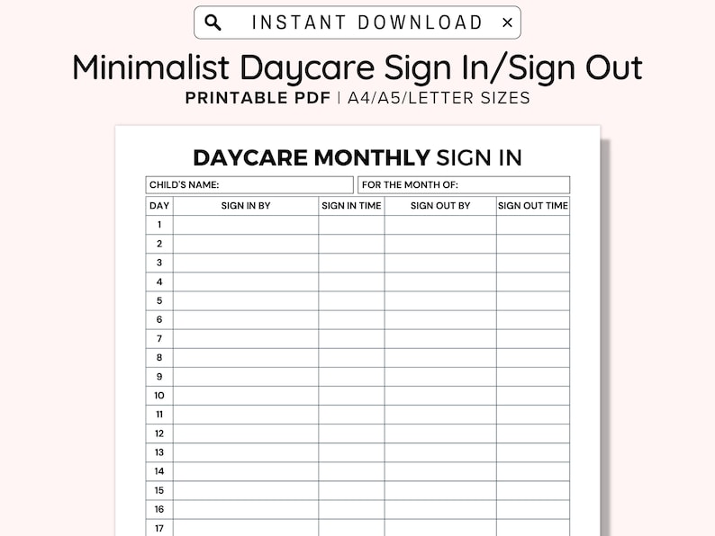 Daycare Monthly Sign in and Out, Student Name Print and Write, Sign in