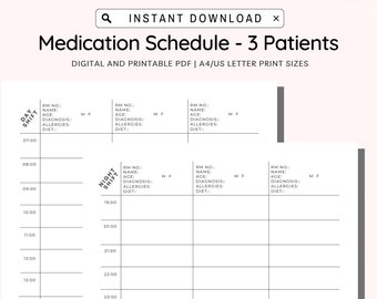 Medication Schedule - Three Patients, Nursing Notes, Nurse To Do Day Night Shift, Nursing Shift Report, Hourly Schedule, Medication Chart