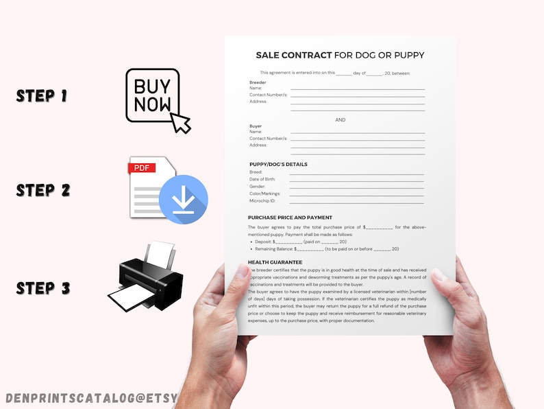 May include: A printable PDF document with the title "Sale Contract for Dog or Puppy". The document includes sections for the breeder and buyer information, puppy details, purchase price and payment, and health guarantee. The document is designed for use when buying or selling a dog or puppy.