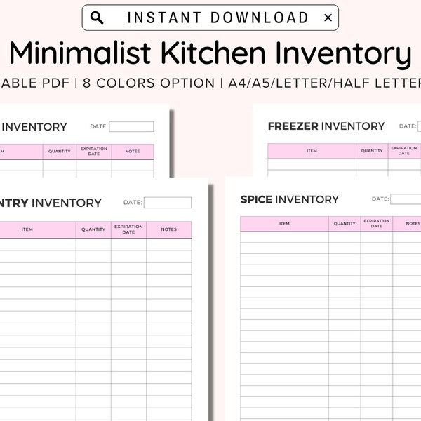 Printable Kitchen Inventory, Pantry, Fridge and Freezer Inventory trackers, Food Inventory Trackers, Home Inventory, A4/A5/US Letter PDF