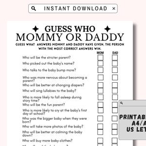 Guess Who Mama oder Papa Spiel, Babypartyspiel, Mama oder Papa Spiel, Babypartyspiel, Wer hat es gesagt Trivia Spiel, Minimalistisches Babypartyspiel