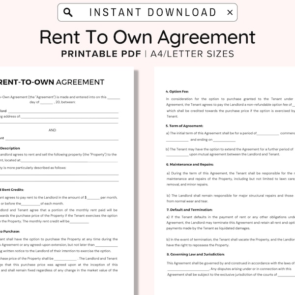 Rent to Own Agreement, Lease to Own Option Agreement, Lease to Purchase Option Agreement Template, Instant Download, PDF