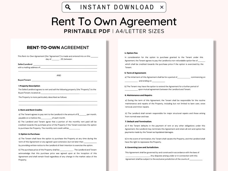 Rent to Own Agreement, Lease to Own Option Agreement, Lease to Purchase
