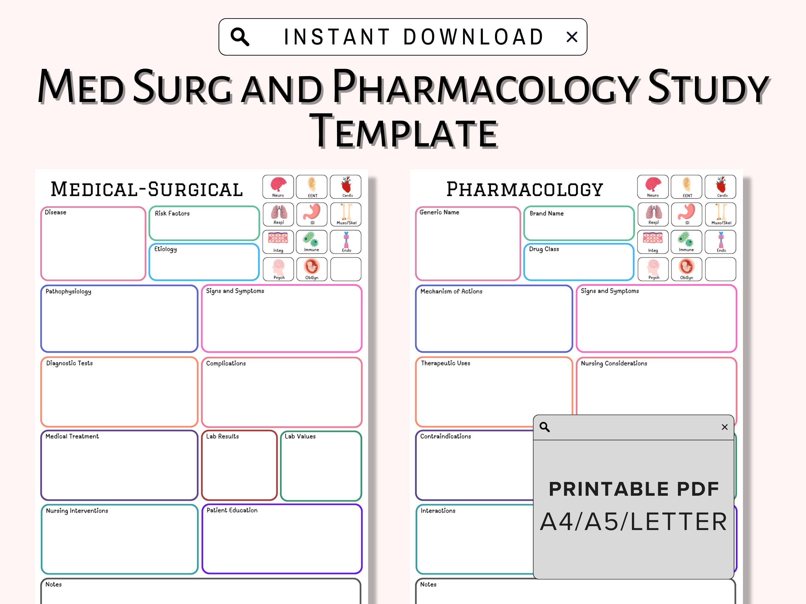 Nursing School Medical Surgical Template, Printable Pharmacology Guide ...