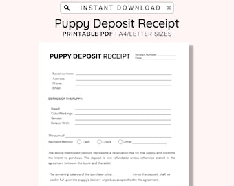 Puppy Deposit Receipt Printable, Puppy Deposit Slip Canva Template, Editable Puppy Deposit Form, Puppy Contract Forms, Dog Breeder Forms