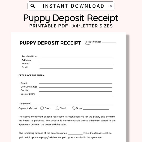 Puppy Deposit Receipt Printable, Puppy Deposit Slip Canva Template, Editable Puppy Deposit Form, Puppy Contract Forms, Dog Breeder Forms