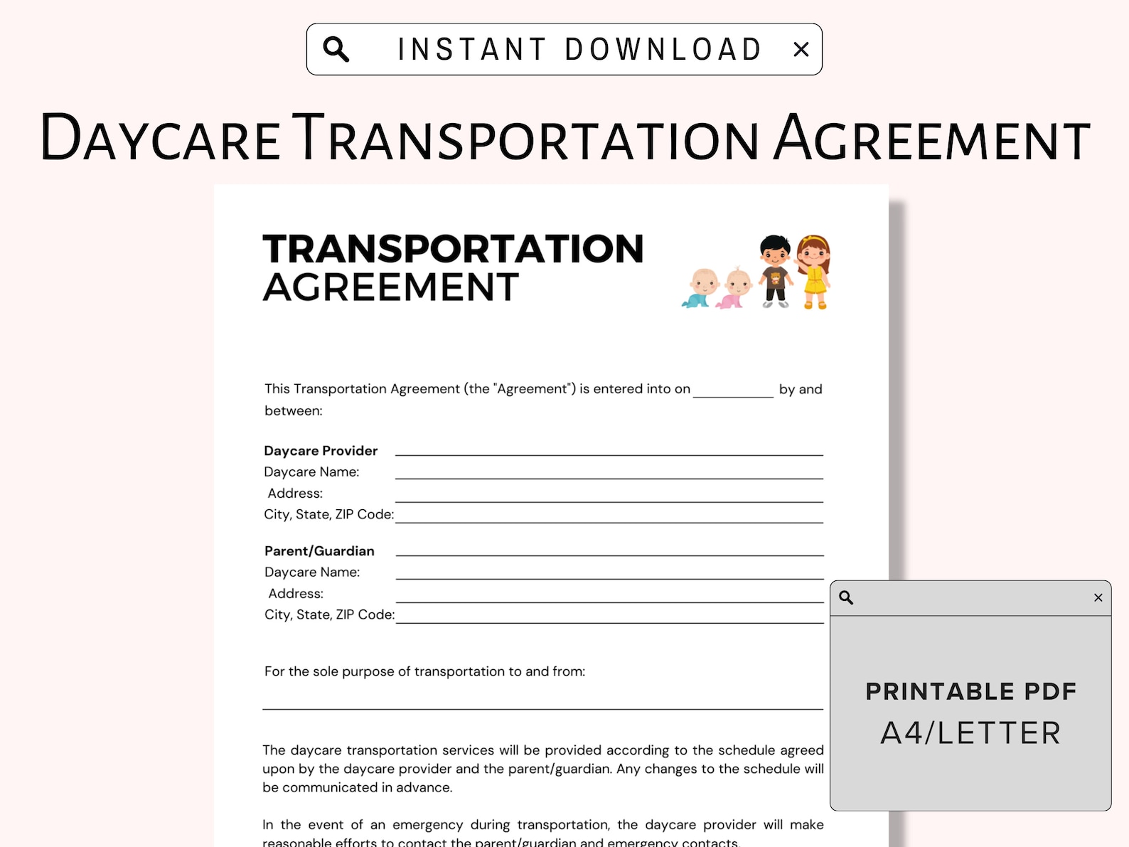 Printable Transportation Agreement for Home Daycares, Daycare ...