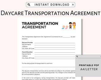 Puede incluir: Un formulario de acuerdo de transporte de guardería imprimible con el título "Daycare Transportation Agreement". El formulario incluye secciones para la información del proveedor de guardería y los padres/tutores, así como una sección para el propósito del transporte. El formulario también incluye una sección para el horario de los servicios de transporte y una sección de contacto de emergencia.