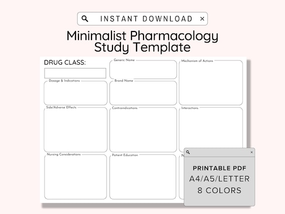 Minimalist Pharmacology Template, Printable Pharmacology Map, Nursing Notes, Nursing School Template, NCLEX, Nursing Student Study Guide,PDF