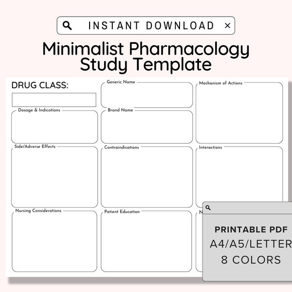 Minimalist Pharmacology Template, Printable Pharmacology Map, Nursing Notes, Nursing School Template, NCLEX, Nursing Student Study Guide,PDF