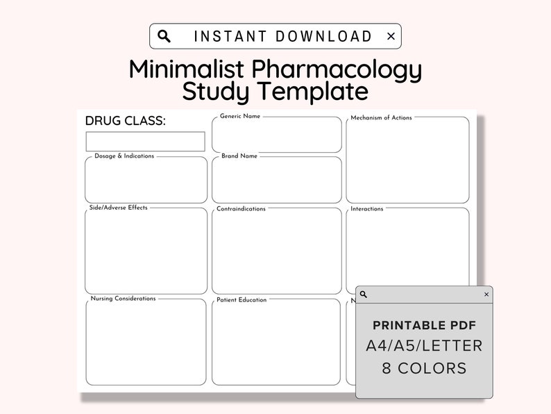 May include: A printable pharmacology study template with sections for drug class, generic name, mechanism of actions, dosage and indications, brand name, side/adverse effects, contraindications, interactions, nursing considerations, and patient education. The template is available in 8 colors and in A4, A5, and letter sizes.