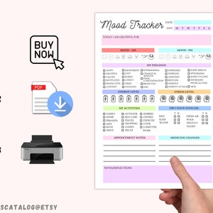 May include: Printable mood tracker in pink, blue, and yellow with sections for tracking mood, energy level, stress level, activities, and notes. The tracker includes a section for "Today I am grateful for".