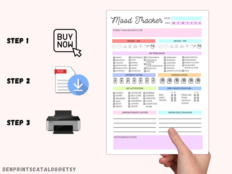 May include: Printable mood tracker in pink, blue, and yellow with sections for tracking mood, energy level, stress level, activities, and notes. The tracker includes a section for "Today I am grateful for".