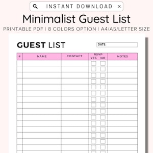 Guest List Planner Printable, Guest List Tracker, RSVP tracker, Party Christmas contact, Printable Planner, Birthday & Wedding Guest List