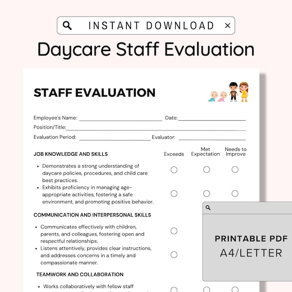 Daycare Staff Evaluation Printable,Childcare Center Printable Employee Self Evaluation Forms,Perfect for Preschool & Child Care Business PDF